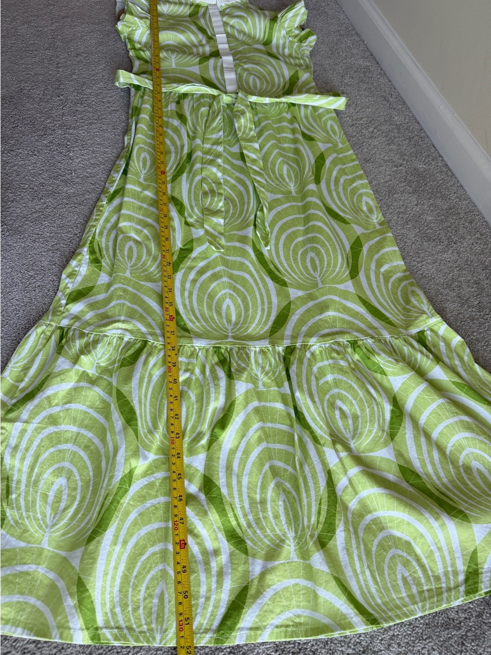 Sheridan French Lime Green White Print Maxi Dress XS Flutter Sleeve Belted - Picture 11 of 13